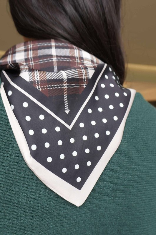 Plaid & Polka Border Triangle Silk Neckerchief Black